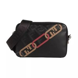 Fendi Black Leather Crossbody Bag FF Logo Chain Print Designer.